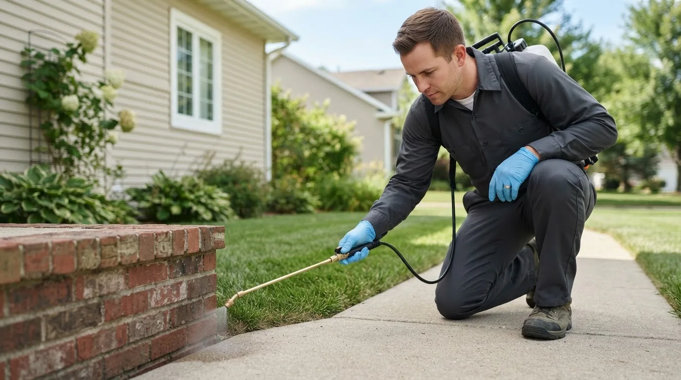 Pest control technician treating a home near Media, PA